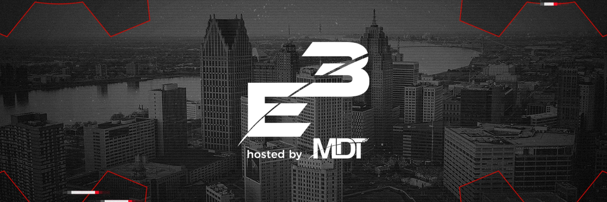 white logo that says E3 hosted by MDT